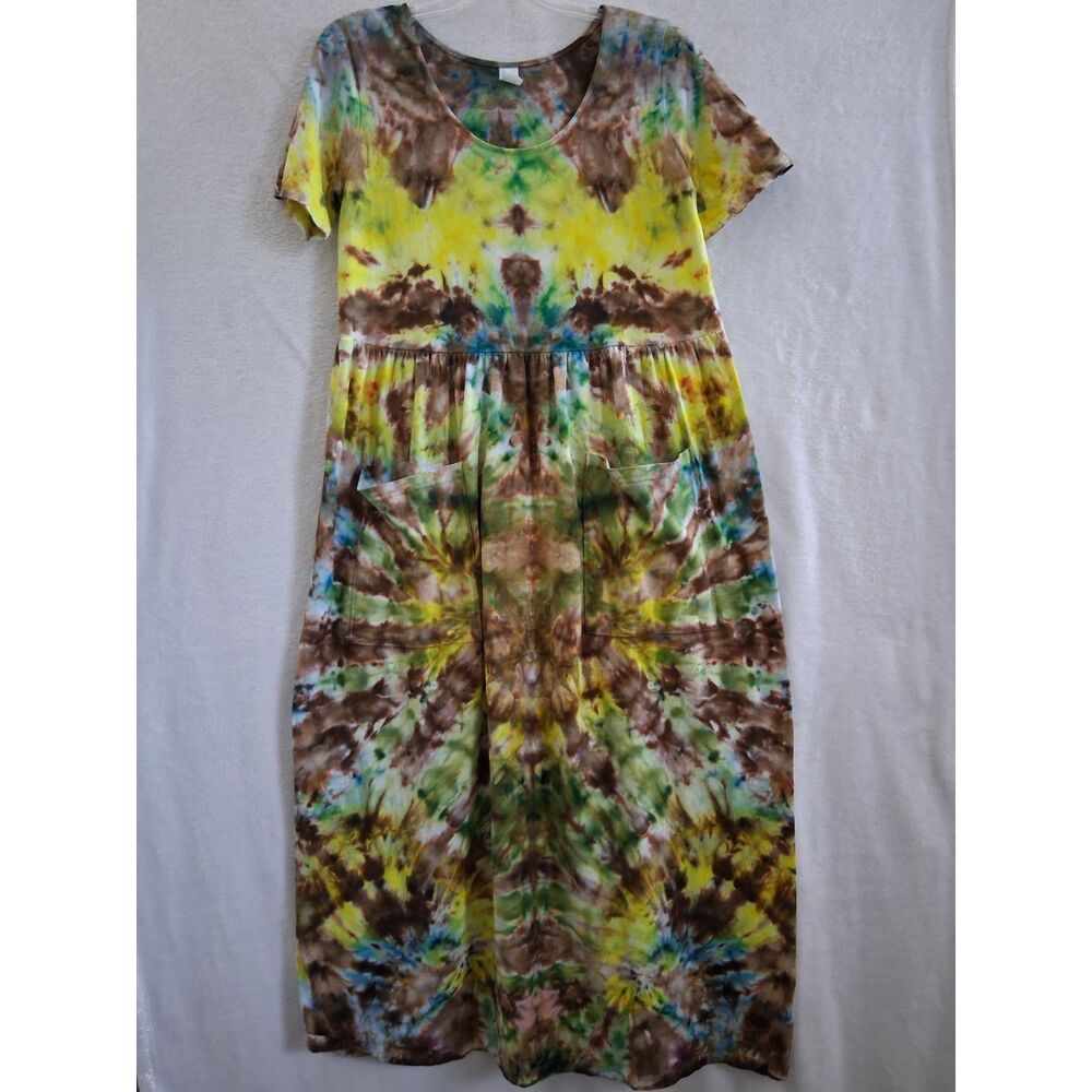 Tie-Dye Midi Dress in Yellow, Brown & Green